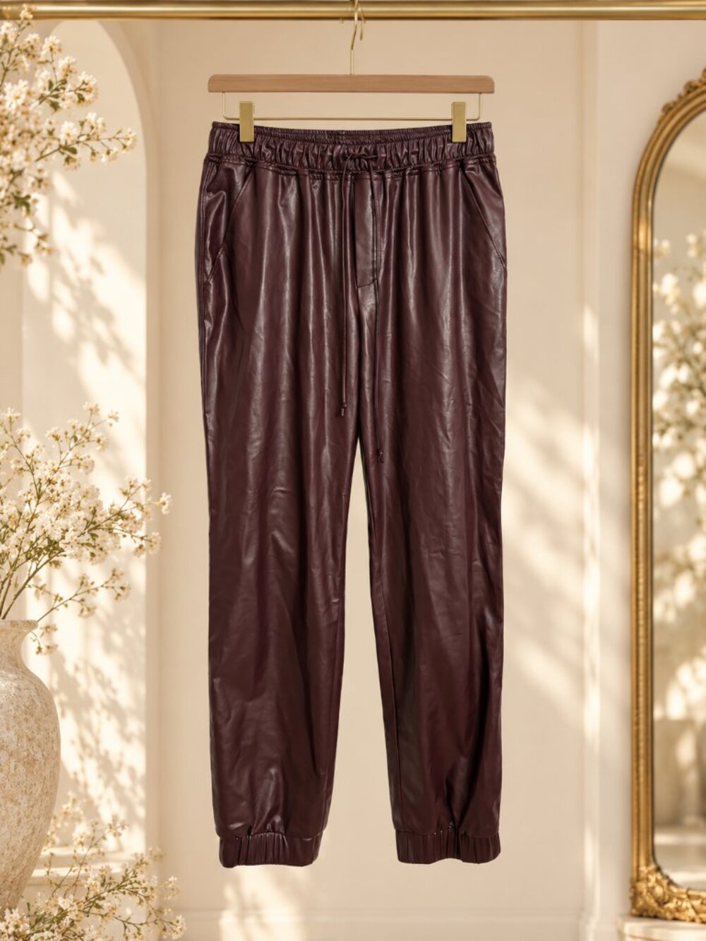 The Reset R Label Vegan Leather Joggers Burgundy Wine Size S $198 Retail